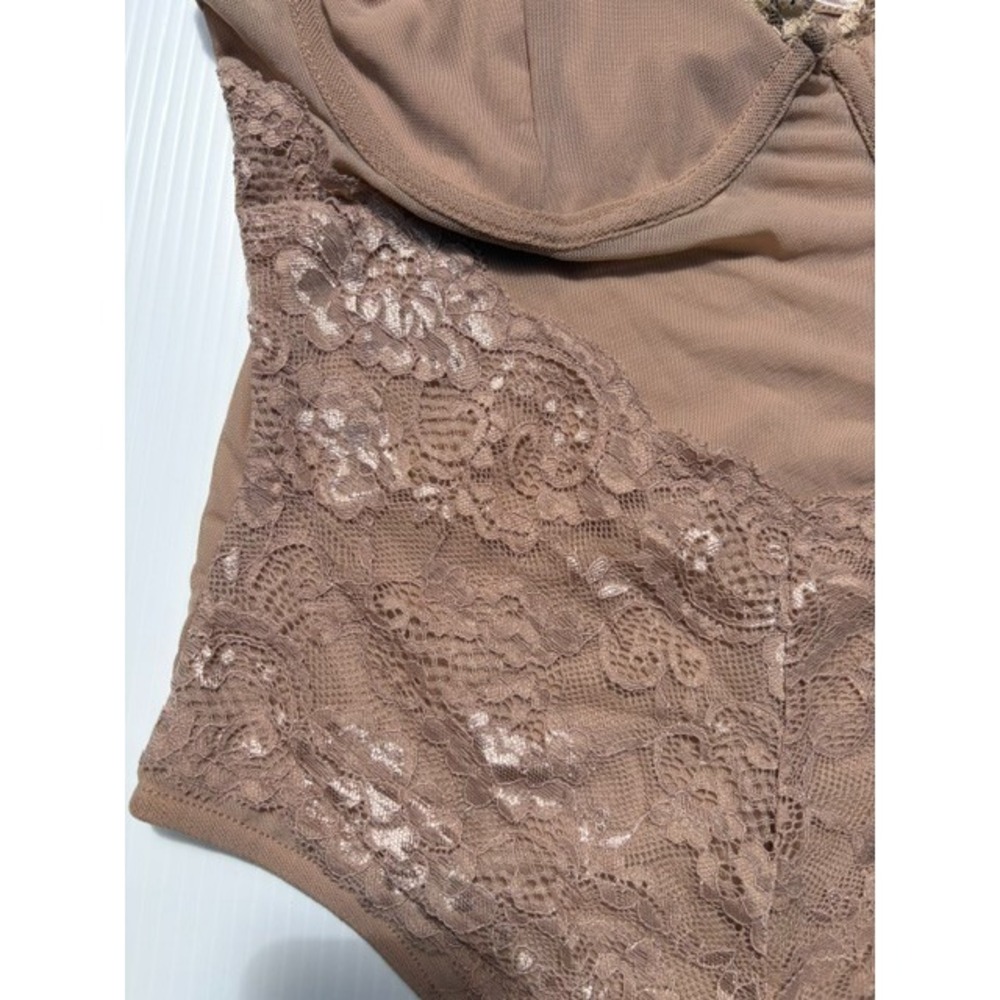 Forever 21 Bodysuit Women's Small Mocha Brown‎ Lace Trim Corset Style Festival - Picture 2 of 16